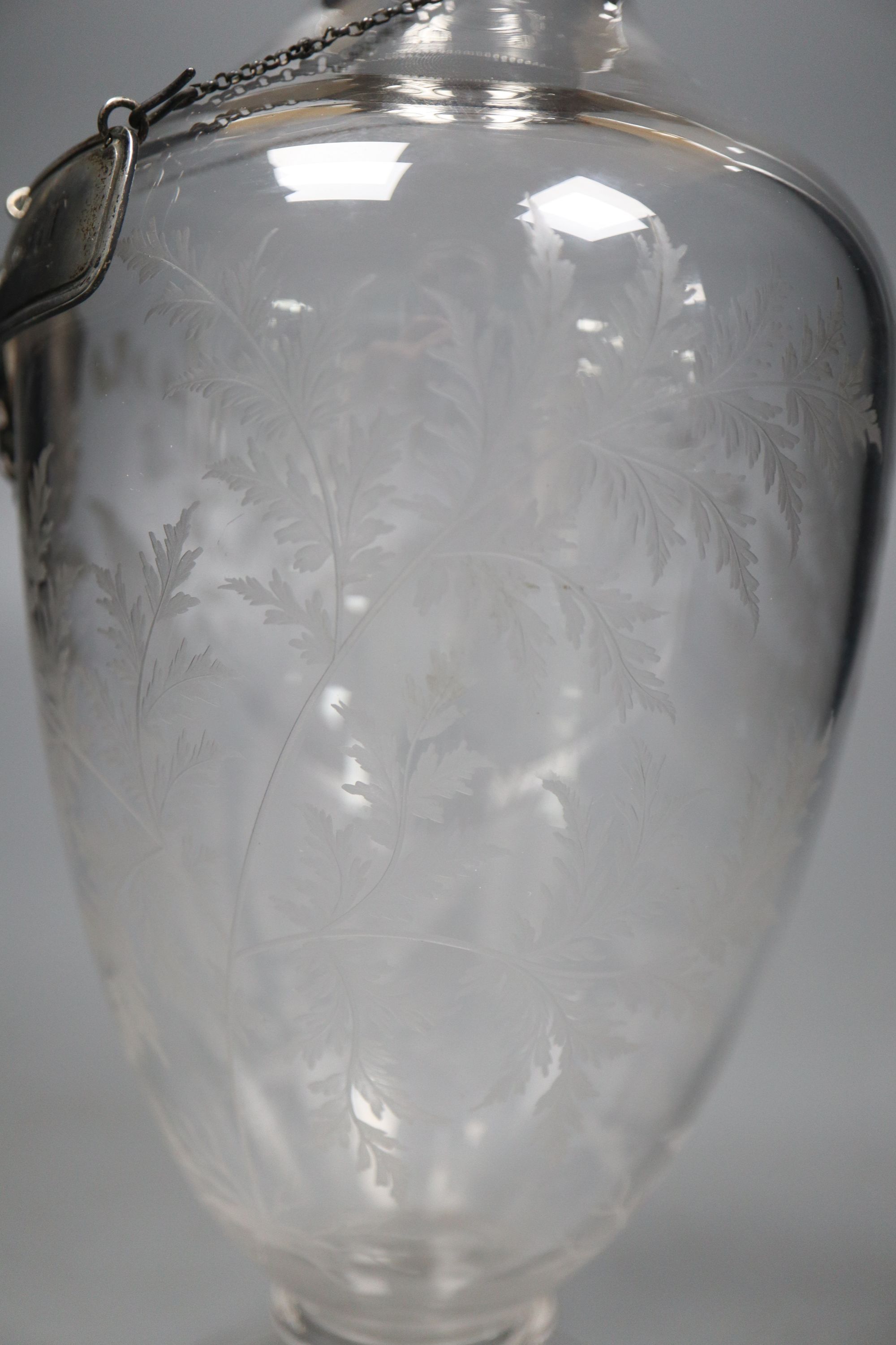 A Victorian silver mounted etched glass baluster claret jug, maker C.F. Sheffield, 1869, (lid a.f.), 27.5cm,